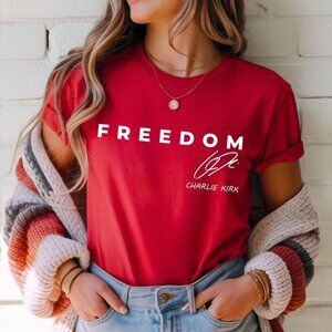 Freedom Charlie Kirk Signature T-Shirt- Red Shirt Patriotic, we wear red Tee 91